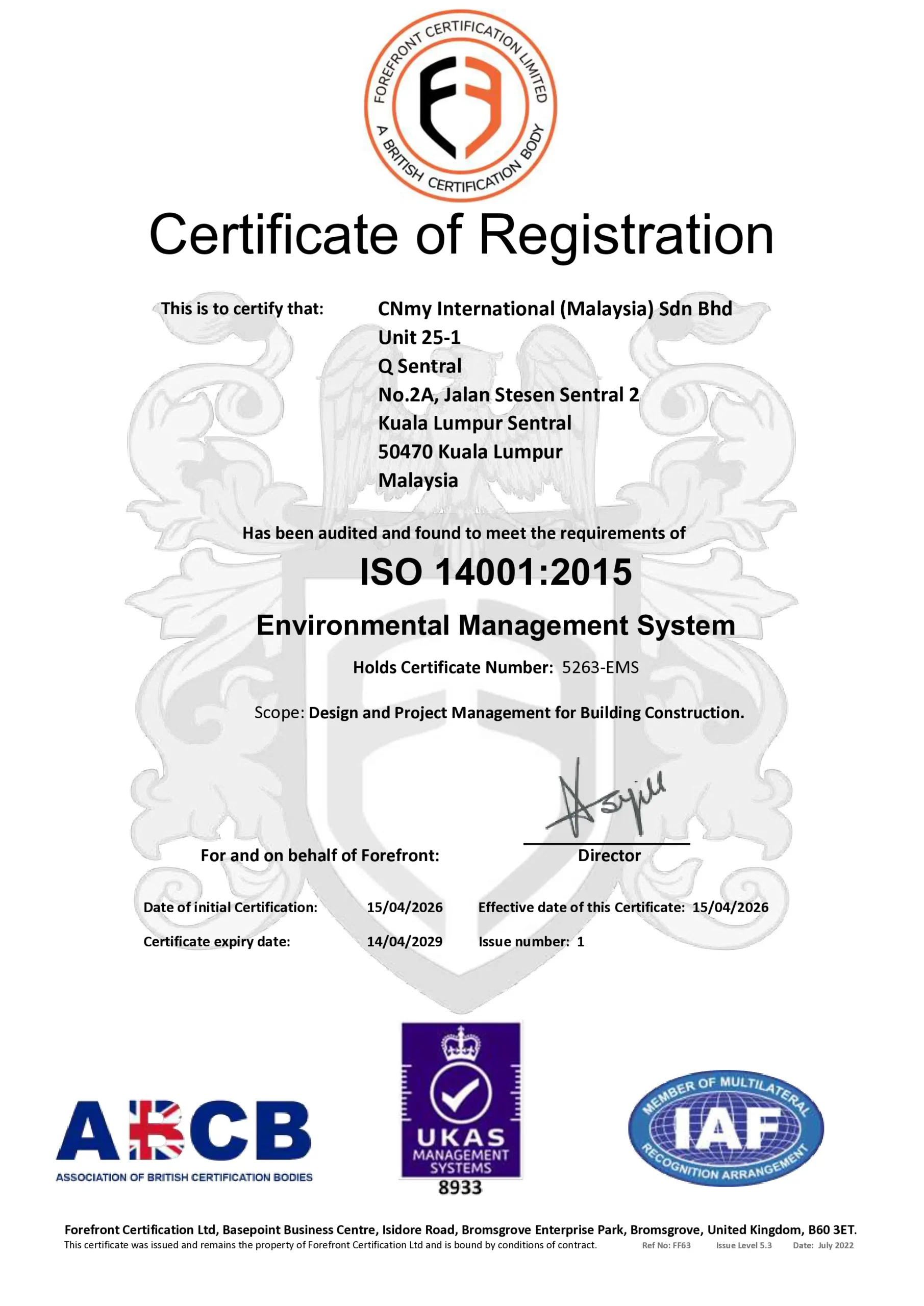 ISO 14001:2015 认证证书 — CNmy International