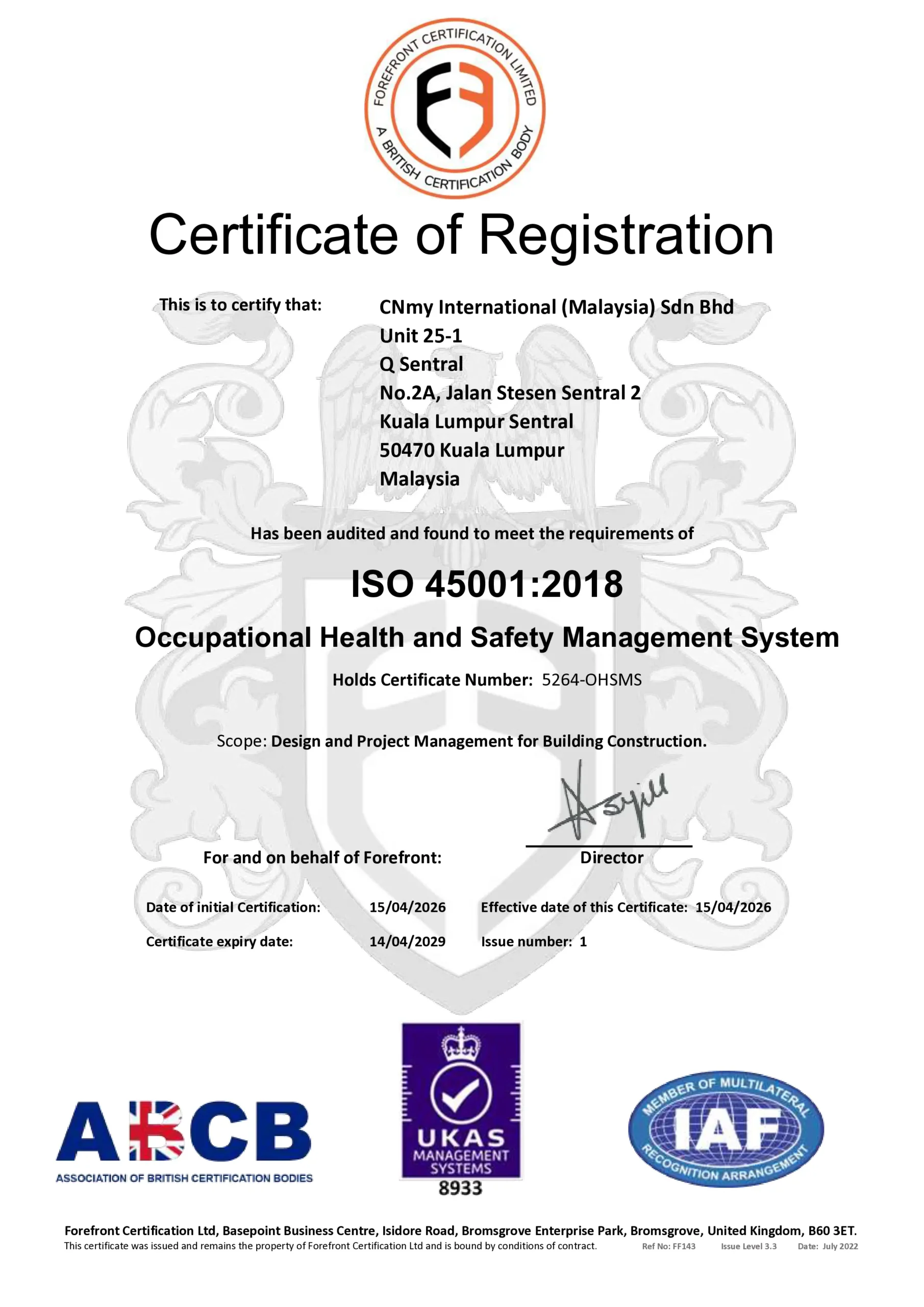 ISO 45001:2018 认证证书 — CNmy International
