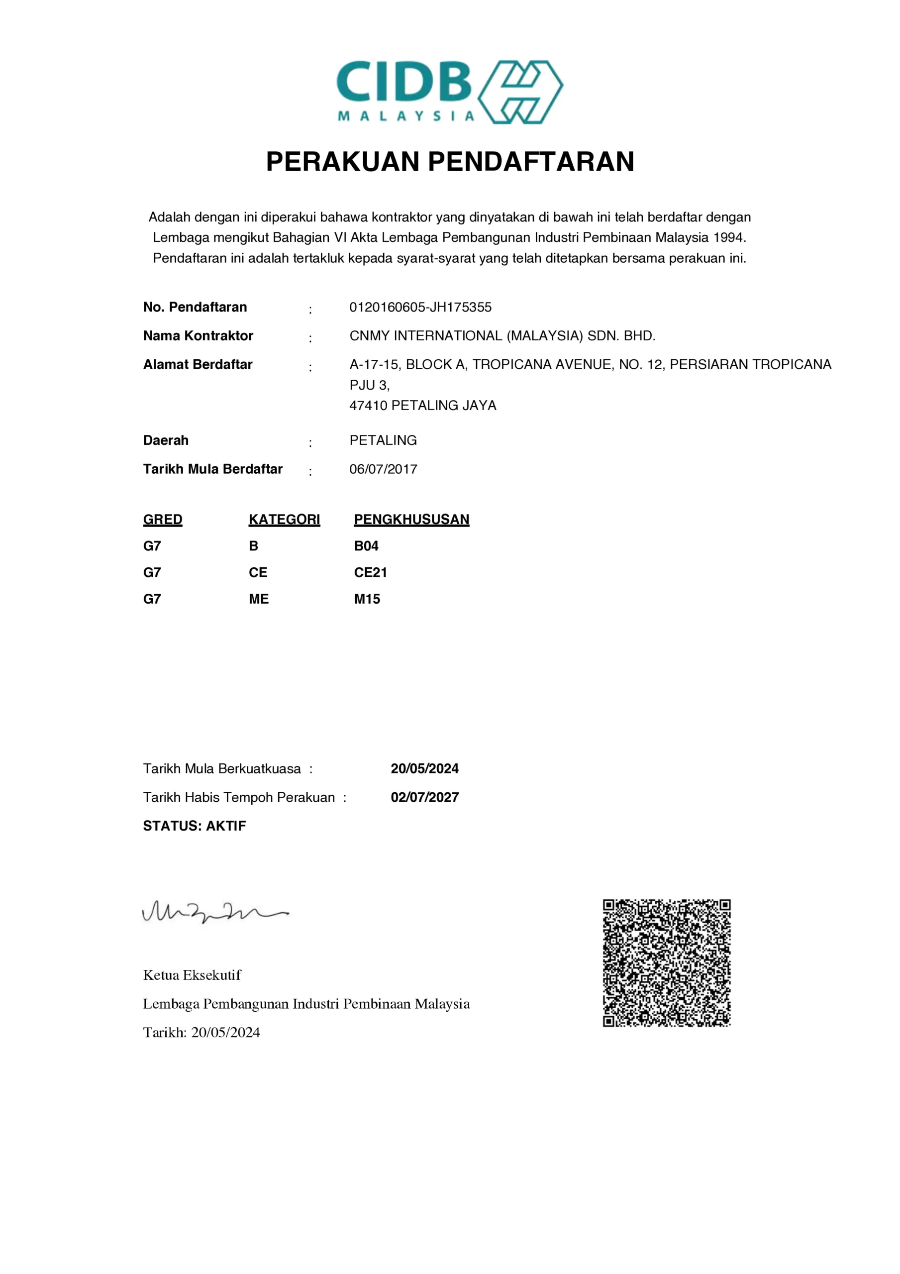 CIDB G7 级别 — 承包商注册证书
